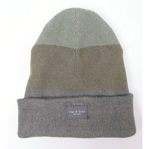 Rag & Bone Addison Beanie Unisex OS Wool Blend Green Color Block Ribbed Hat
